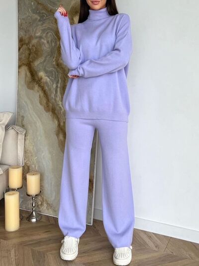 Turtleneck Long Sleeve Top and Drawstring Pants Sweater Set - Drazelle Store