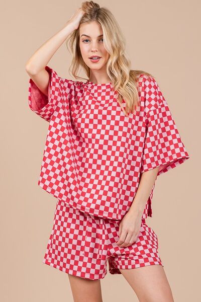 Checkered Round Neck Top and Shorts Set - Drazelle Store