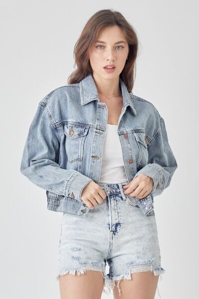 RISEN Full Size Button Down Cropped Denim Jacket - Drazelle Store