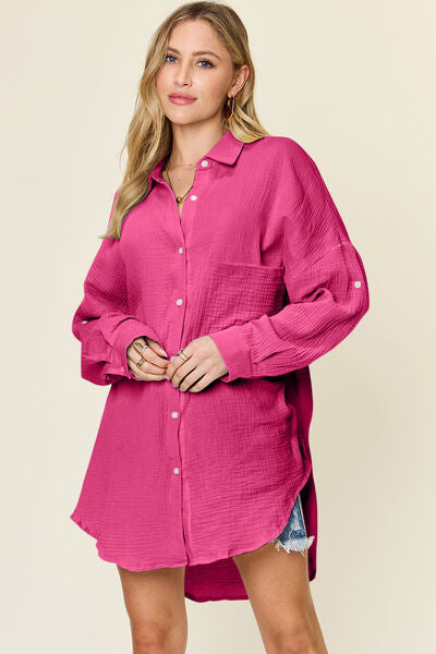 Double Take Full Size Pocketed Texture Button Up Shirt - Drazelle Store