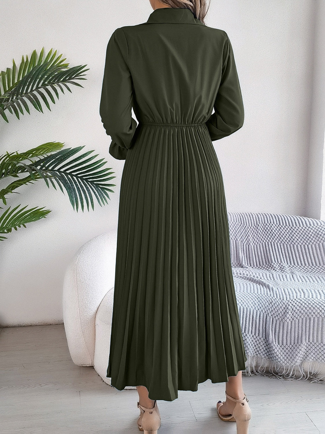 Pleated Half Button Long Sleeve Midi Dress - Drazelle Store