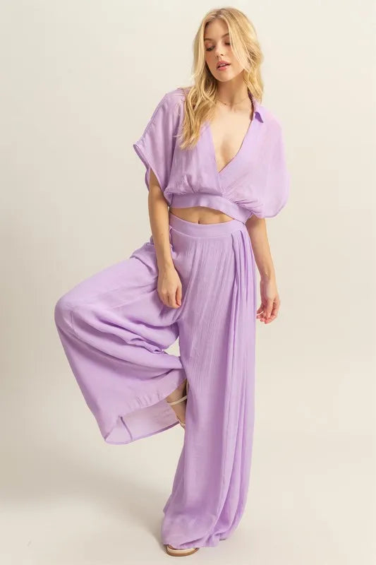 Kimono Sleeve Crop Top and Wide Leg Pants Set - Drazelle Store
