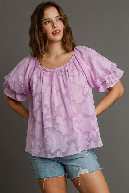 Jacquard Round Neck Ruffled Puff Sleeve Blouse - Drazelle Store