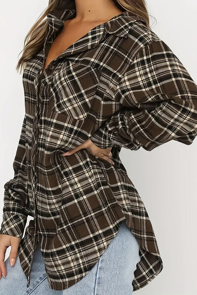 Plaid Collared Neck Long Sleeve Shirt - Drazelle Store