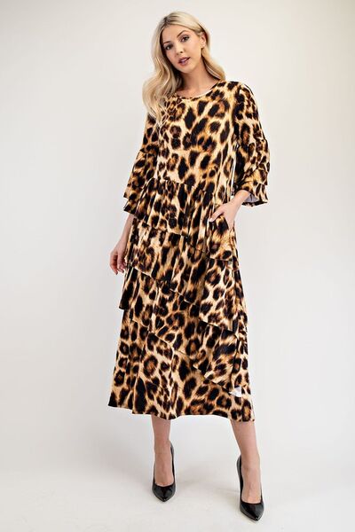 Celeste Full Size Leopard Asymmetrical Ruffle Midi Dress - Drazelle Store