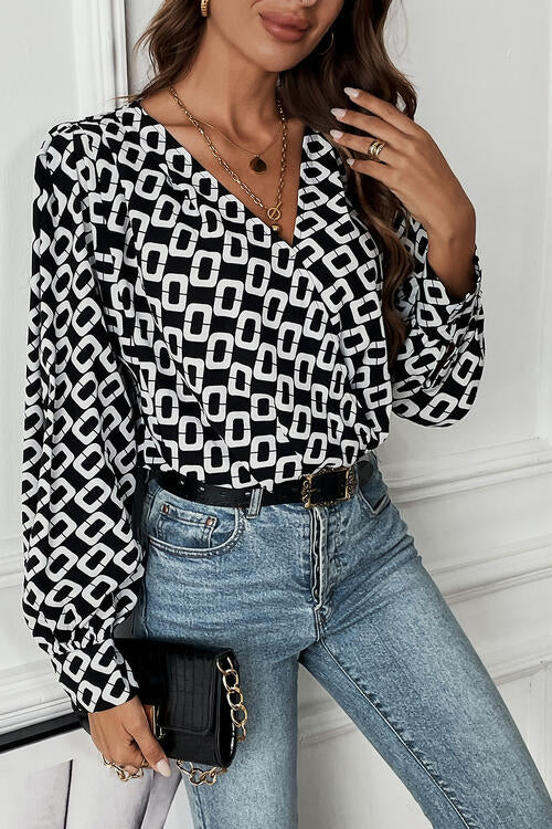 Perfee Geometric V-Neck Long Sleeve Blouse - Drazelle Store