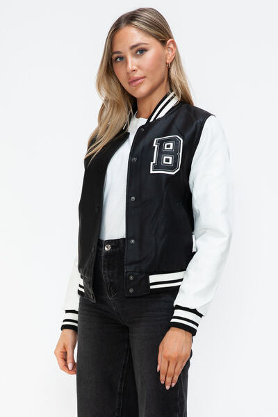 PU Leather Contrast Snap Down Bomber Jacket - Drazelle Store