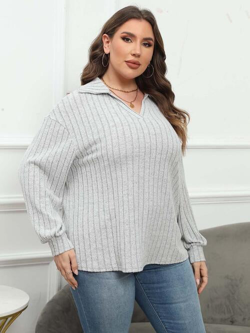 Plus Size Ribbed Collared Neck Long Sleeve Blouse - Drazelle Store