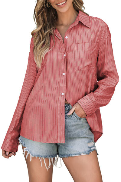 Striped Button Up Long Sleeve Shirt - Drazelle Store