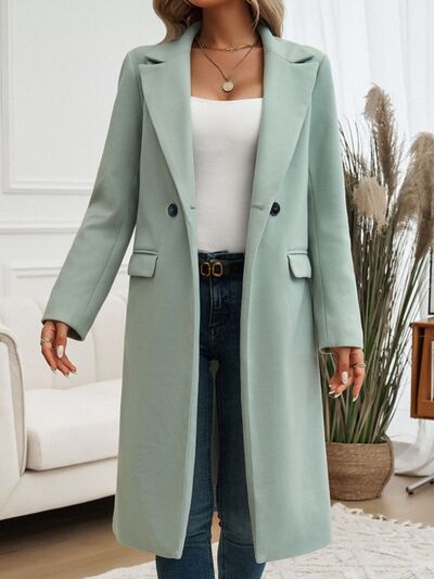 Devine Pocketed Collared Neck Long Sleeve Coat - Drazelle Store