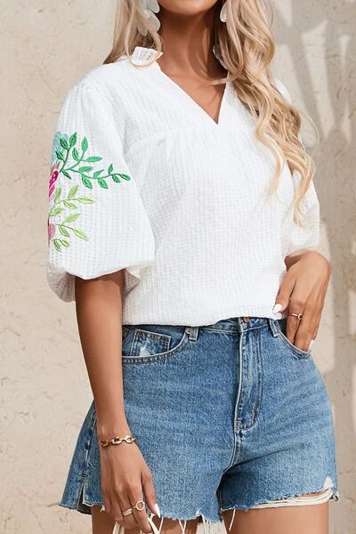 Floral Embroidered Puff Sleeve Notched Blouse - Drazelle Store