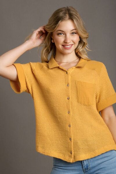 Umgee Full Size Waffle-Knit Short Sleeve Button Down Shirt - Drazelle Store