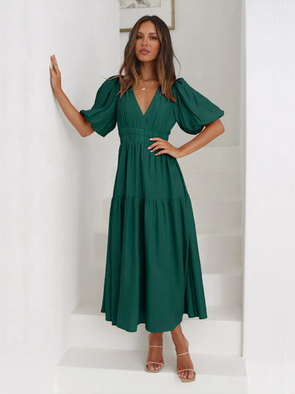 Tiered Surplice Half Sleeve Midi Dress - Drazelle Store