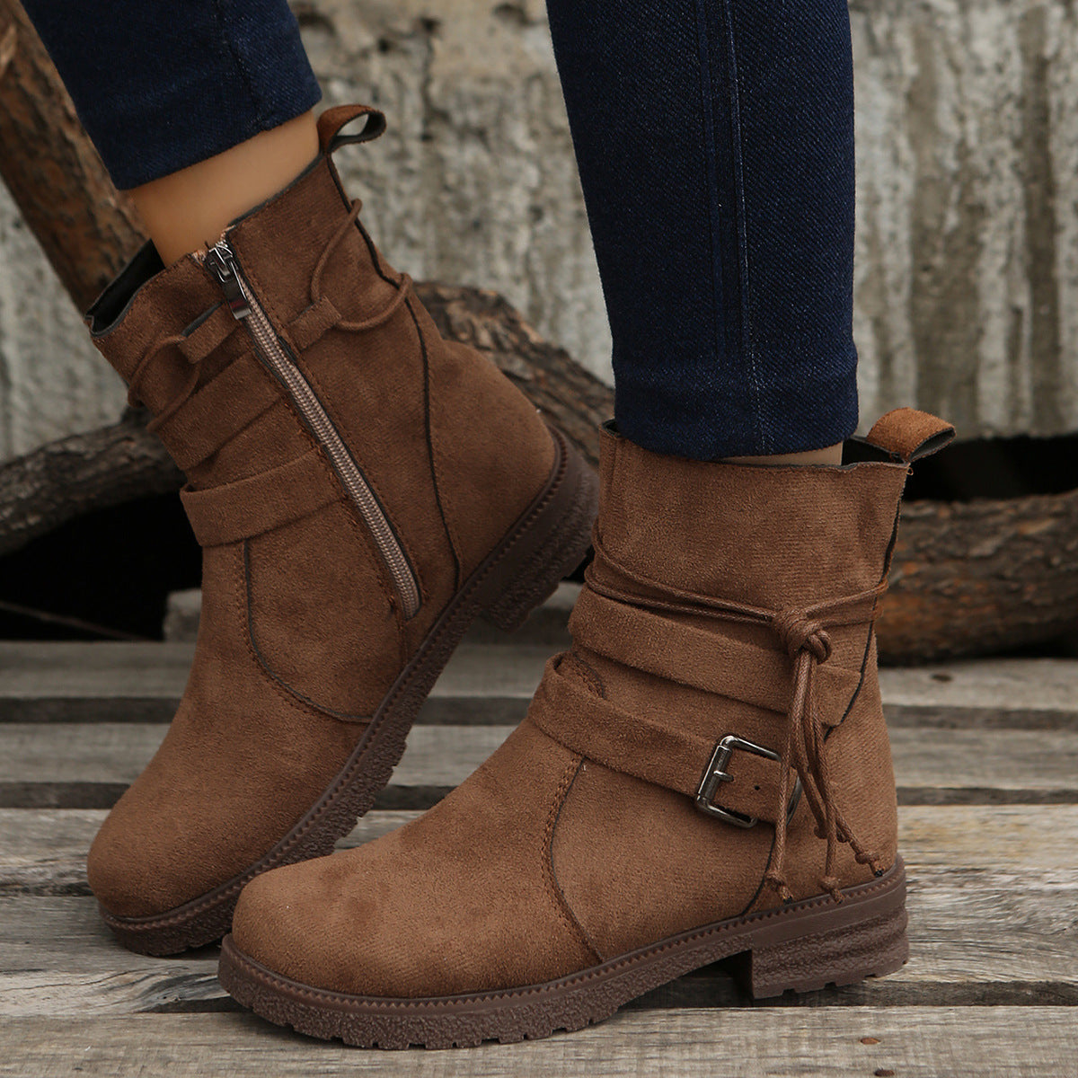 Suede Side Zip Round Toe Boots - Drazelle Store