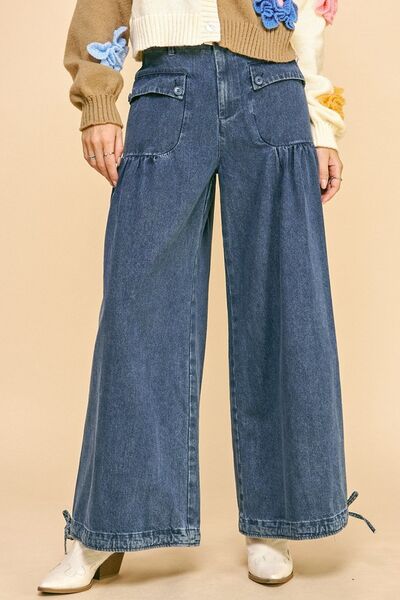 Davi & Dani Drawstring Hem Wide Leg Mid Rise Jeans - Drazelle Store