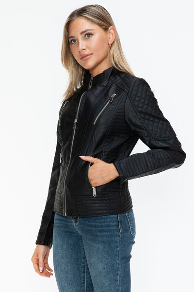 Snobbish Faux Leather Zip Up Mock Neck Jacket - Drazelle Store