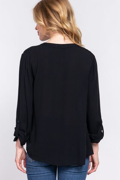 ACTIVE BASIC Notched Long Sleeve Woven Top - Drazelle Store