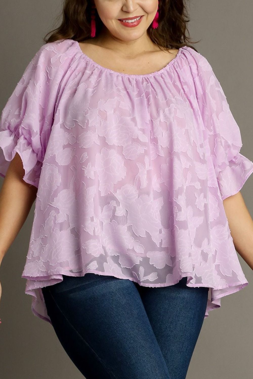 Jacquard Round Neck Ruffled Puff Sleeve Blouse - Drazelle Store