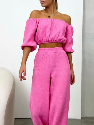 Off Shoulder Long Sleeve Top and Pants Set - Drazelle Store