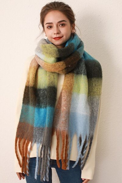 Thermal Fringe Contrast Plaid Scarf - Drazelle Store