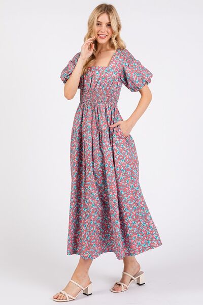 Mittoshop Smocked Floral Square Neck Puff Sleeve Midi Dress - Drazelle Store