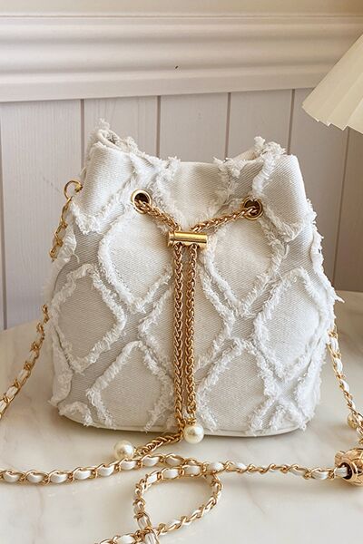 Chain Drawstring Raw Edge Denim Bucket Bag - Drazelle Store