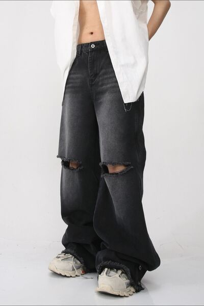 Distressed Raw Hem Wide Leg Men's Jeans - Drazelle Store