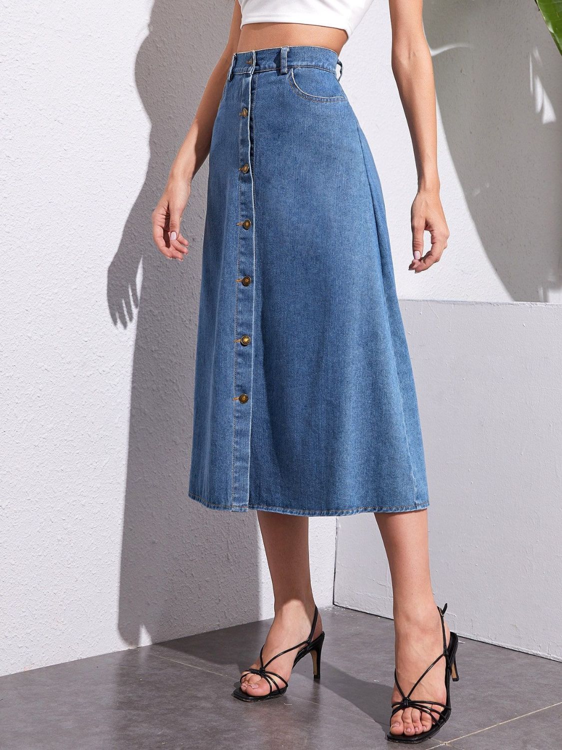 Buttoned Midi Denim Skirt with Pockets - Drazelle Store