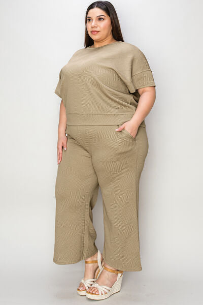 Double Take Full Size Texture Short Sleeve Top and Pants Set - Drazelle Store