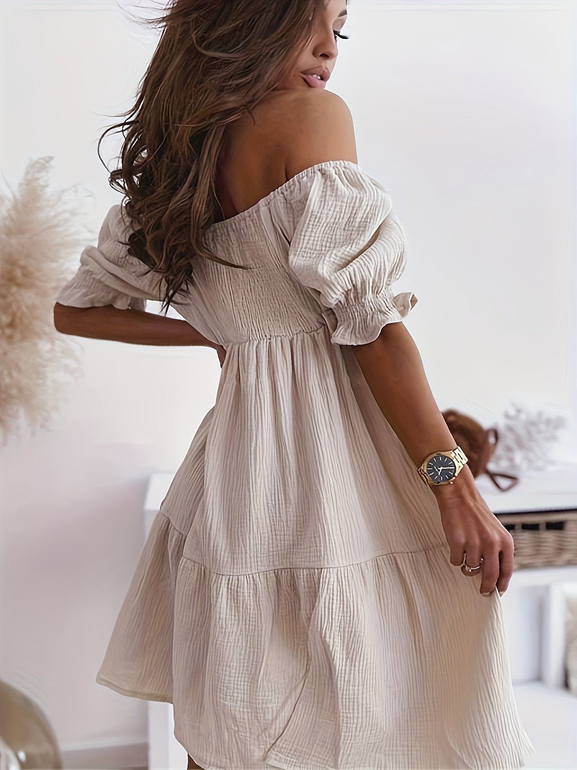 Ruffled Off-Shoulder Short Sleeve Dress - Drazelle Store