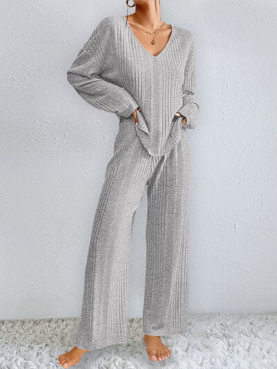 V-Neck Long Sleeve Top and Pants Set - Drazelle Store