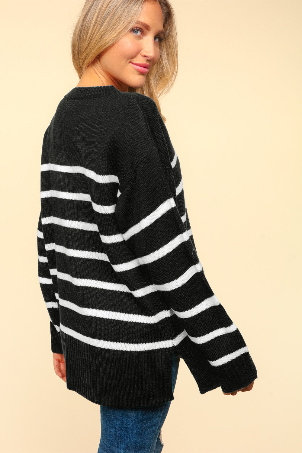 Haptics Full Size Striped Contrast Side Slit Sweater - Drazelle Store