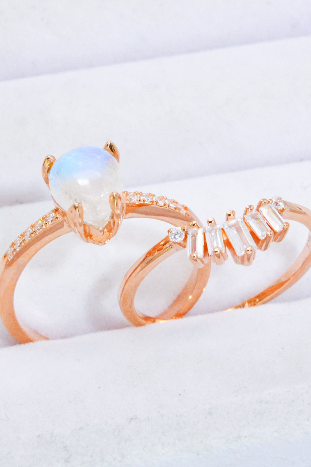 Natural Moonstone and Zircon 18K Rose Gold-Plated Two-Piece Ring Set - Drazelle Store