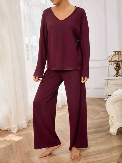 V-Neck Long Sleeve Top and Wide Leg Pants Set - Drazelle Store