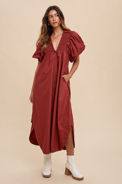 Annie Wear Smocked Puff Sleeve Midi Dress - Drazelle Store 