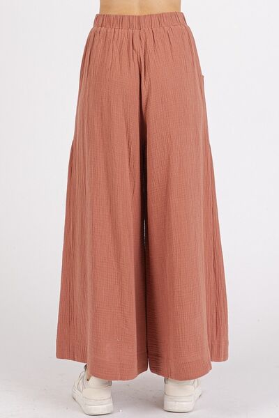 Mito shop Gauze Elastic Waist Pleated Wide Leg Pants - Drazelle Store