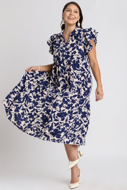 Floral Collared Ruffle Cap Sleeve Midi Dress - Drazelle Store