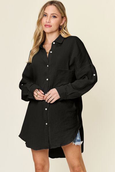 Double Take Full Size Pocketed Texture Button Up Shirt - Drazelle Store