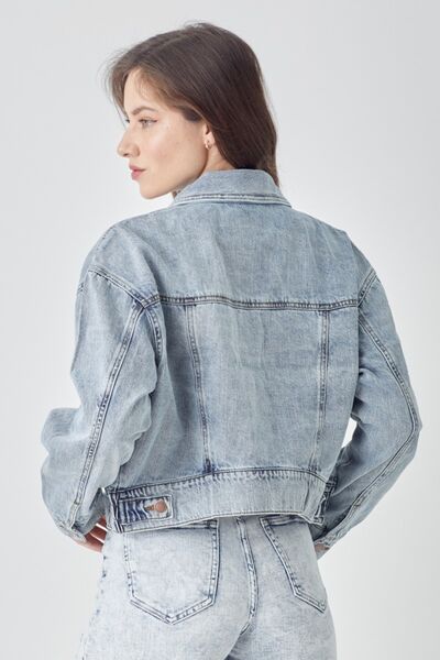 RISEN Full Size Button Down Cropped Denim Jacket - Drazelle Store