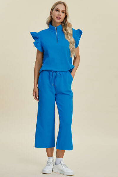 Double Take Full Size Texture Ruffle Short Sleeve Top and Wide Leg Pants Set - Drazelle Store