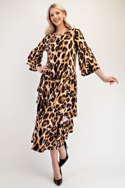 Celeste Full Size Leopard Asymmetrical Ruffle Midi Dress - Drazelle Store