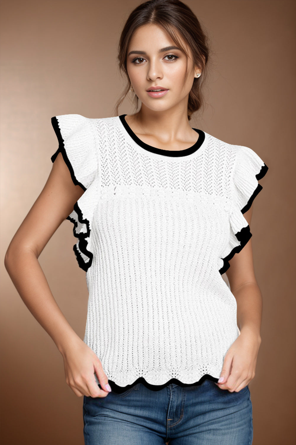 Ruffled Round Neck Cap Sleeve Knit Top - Drazelle Store