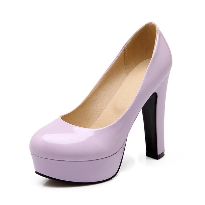 Leather High Heels Pumps Round Toe Thick Heel