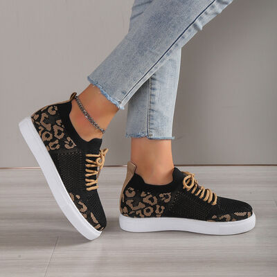 Lace-Up Leopard Flat Sneakers - Drazelle Store