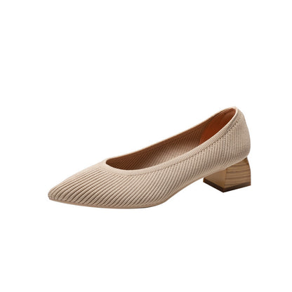 Wood Grain Thick Heel Pointed Breathable Casual Pumps - Drazelle Store