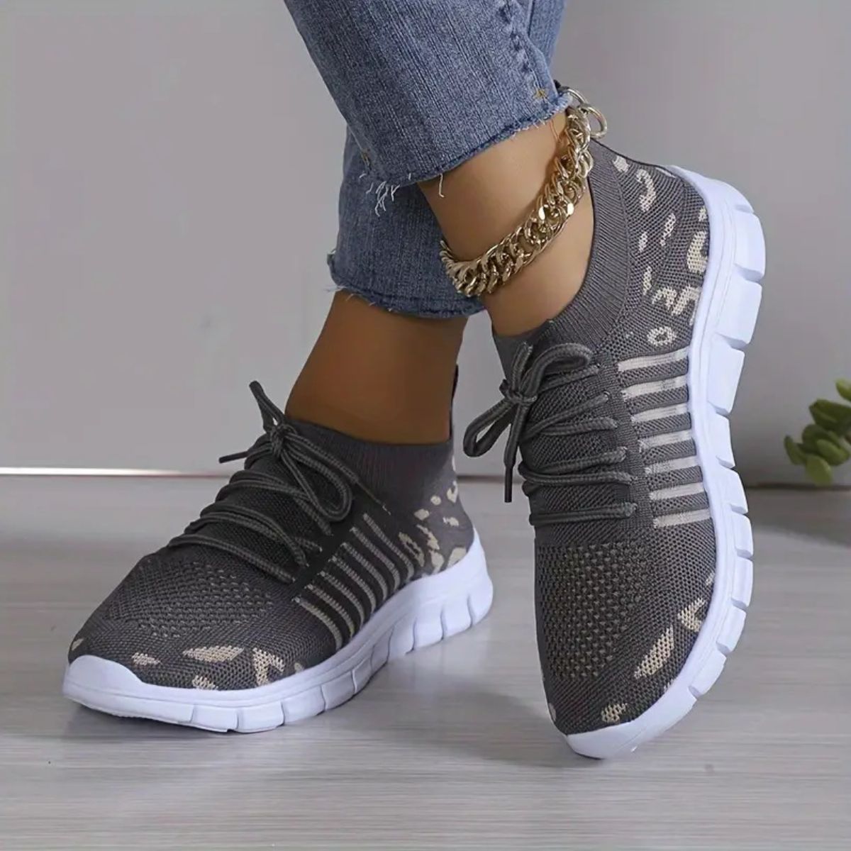 Leopard Round Toe Lace Up Athletic - Drazelle Store