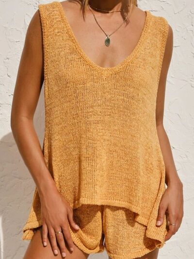 V-Neck Sleeveless Top and Drawstring Shorts Sweater Set - Drazelle Store