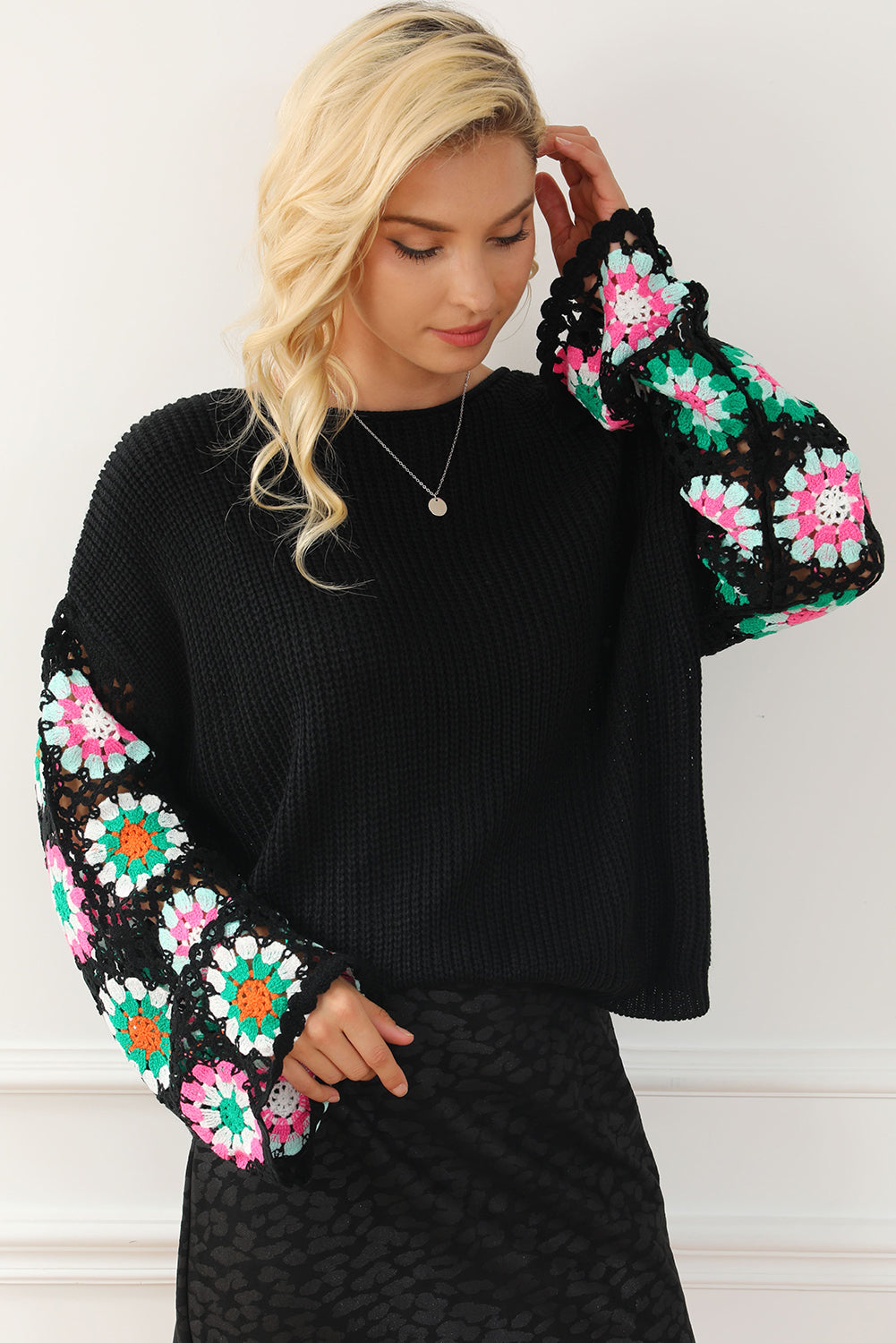 Crochet Round Neck Long Sleeve Knit Top - Drazelle Store