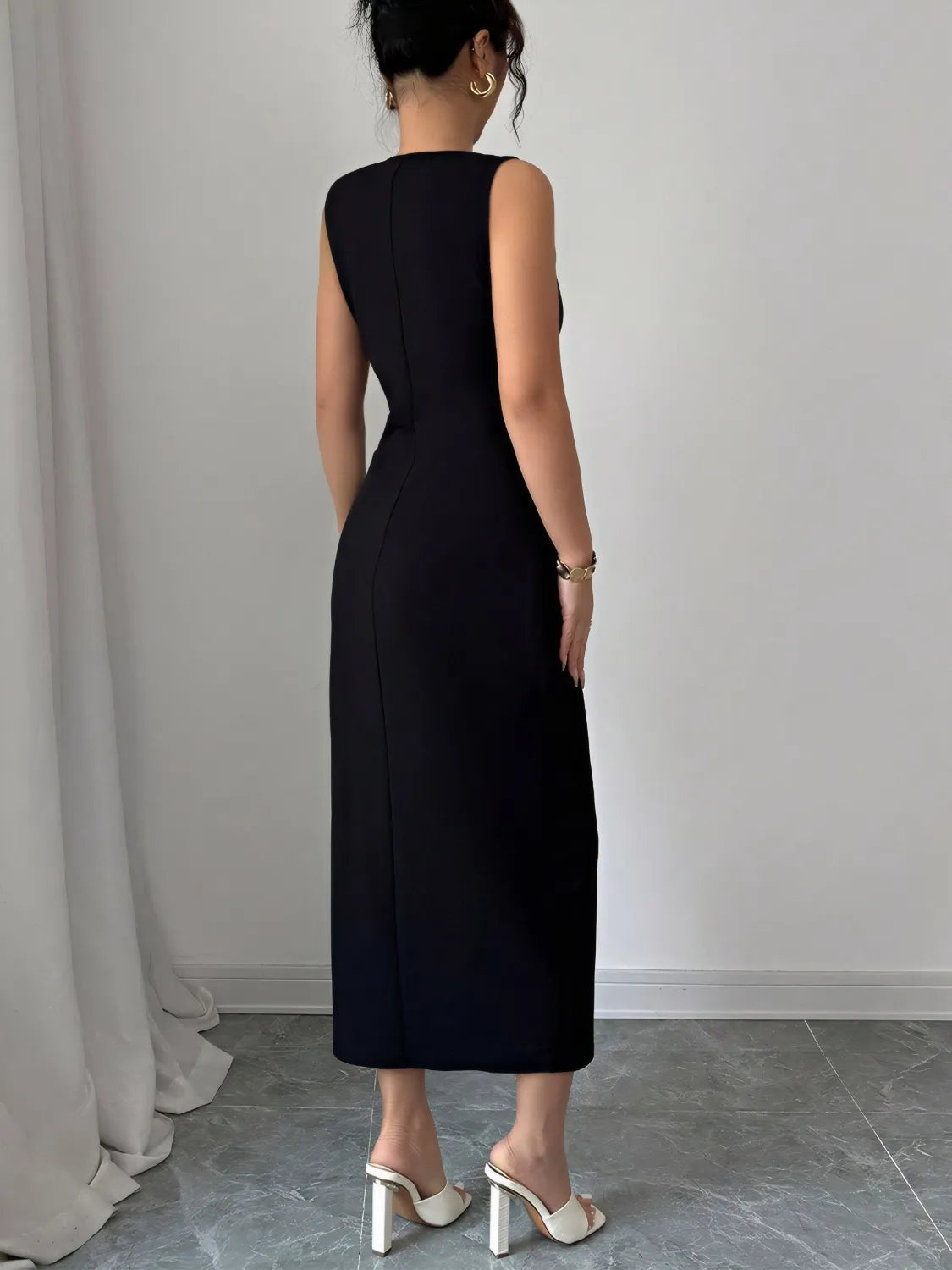 Bow Slit Round Neck Sleeveless Dress - Drazelle Store