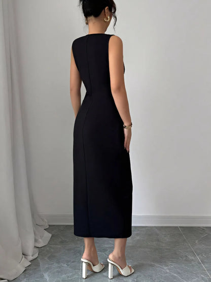 Bow Slit Round Neck Sleeveless Dress - Drazelle Store